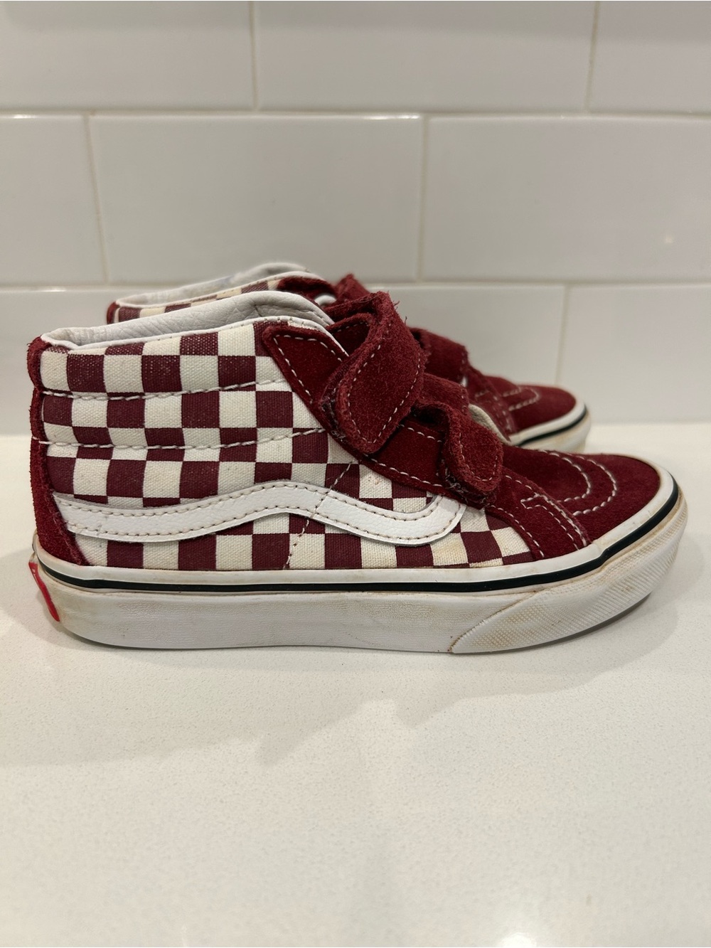 Preloved Vans Red/Maroon Checkerboard Mid Sk8 Kids Shoes Size 13!
